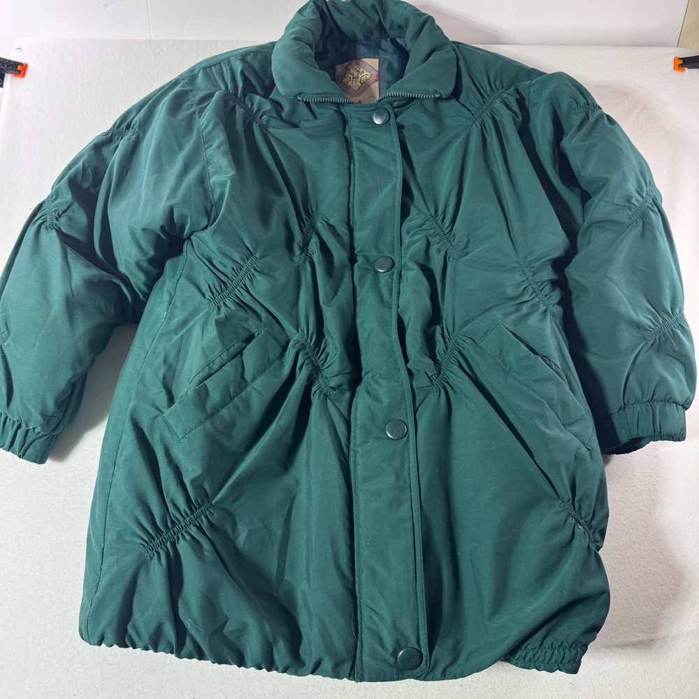 P.A. Originals Vintage Puffer Jacket M Green Ruched Quilted Mid Length Outerwear